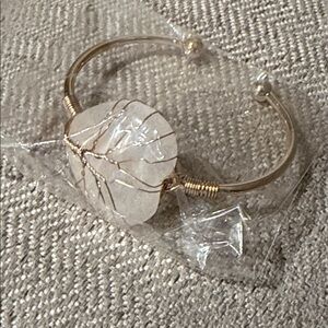 Gold Wire Wrapped Cuff Bracelet with White Stone